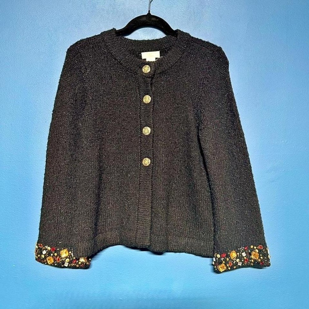 Deadstock Laura Ashley Cardigan Women's Size Petite Small‎ Black Wool Blend Knit